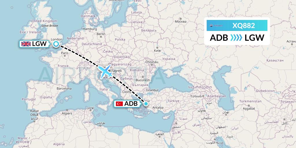 XQ882 SunExpress Flight Map: Izmir to London