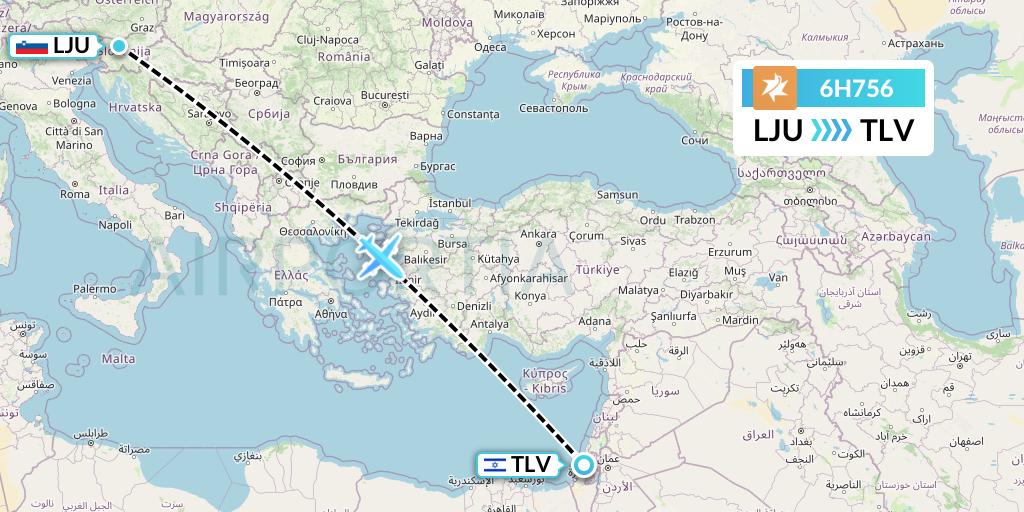 6H756 Israir Airlines Flight Map: Ljubljana to Tel Aviv