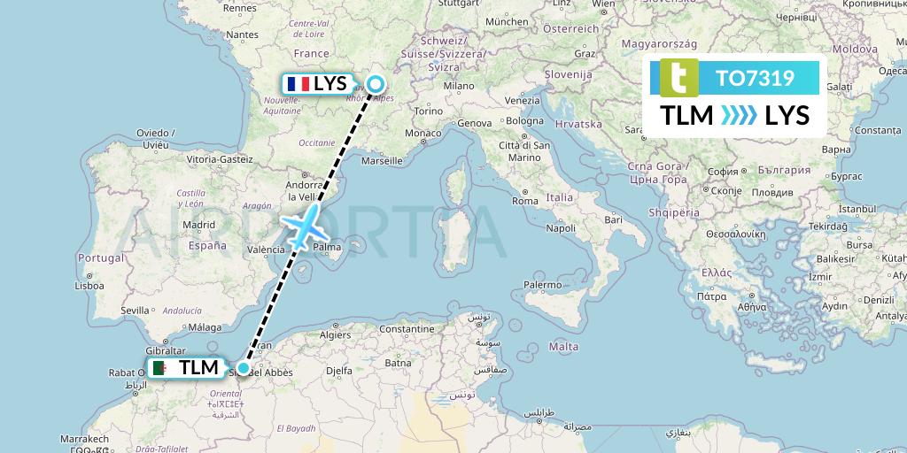 TO7319 Transavia France Flight Map: Tlemcen to Lyon