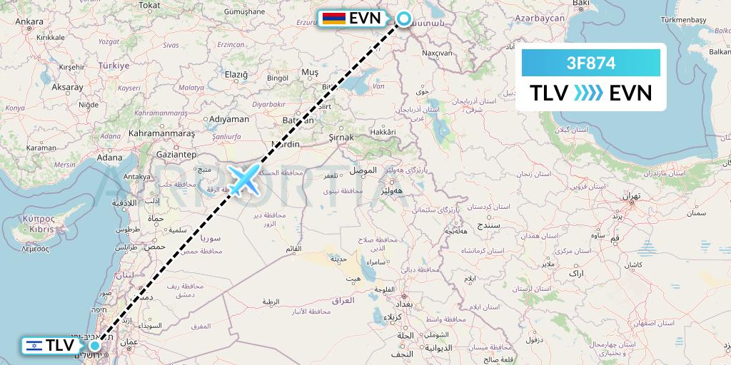 3F874 Flyone Armenia Flight Map: Tel Aviv to Yerevan