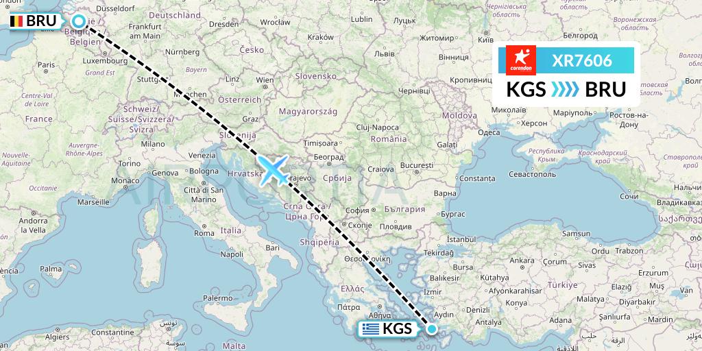 XR7606 Corendon Airlines Europe Flight Map: Kos to Brussels