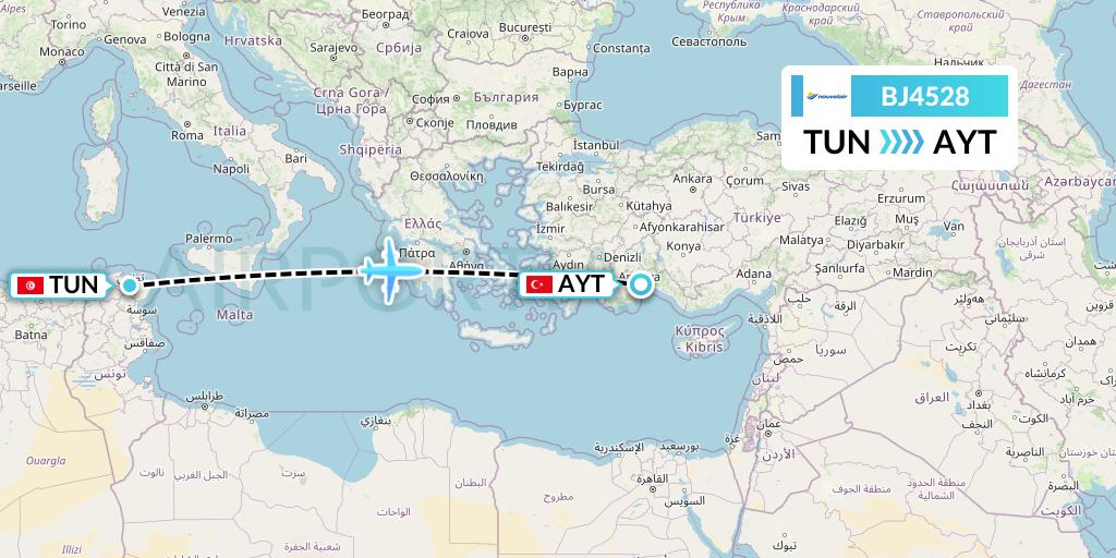 BJ4528 Nouvelair Tunisie Flight Map: Tunis to Antalya