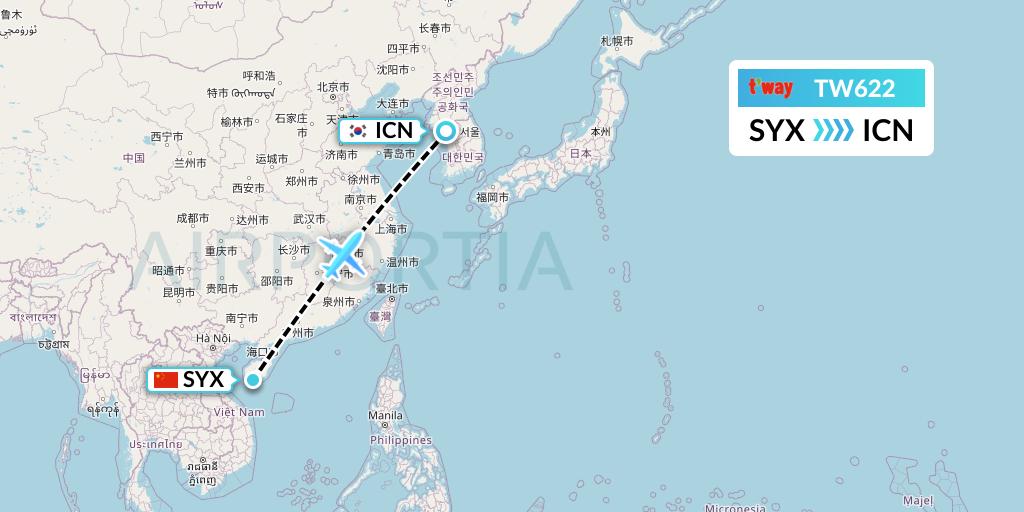 TW622 T'way Air Flight Map: Sanya to Seoul
