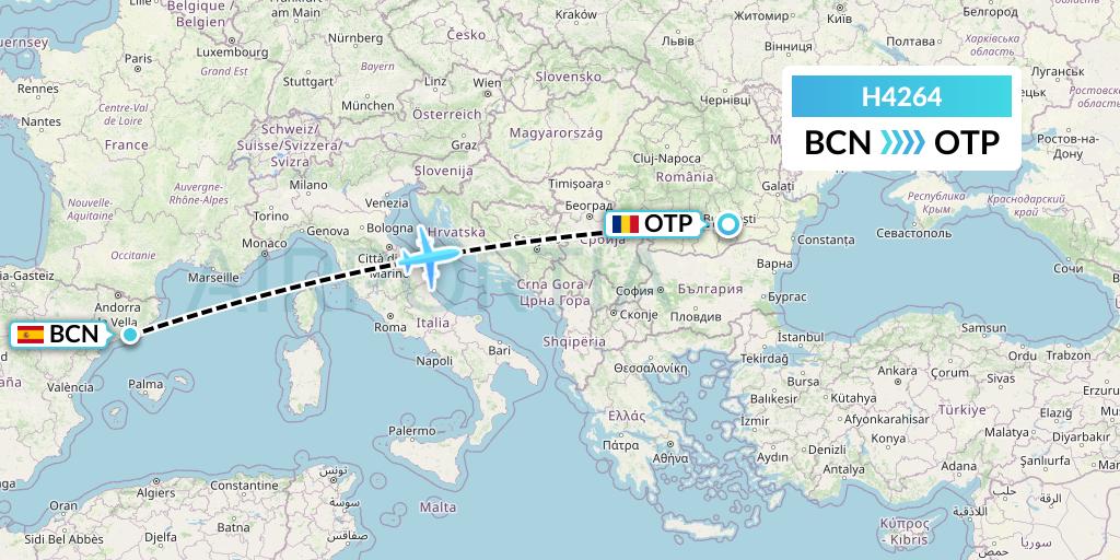 H4264 Hisky Europe Srl Flight Map: Barcelona to Bucharest