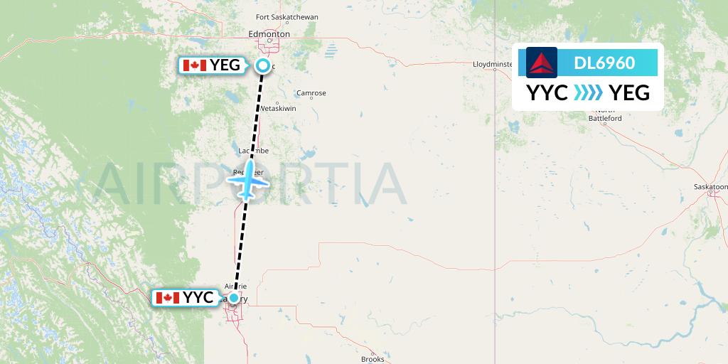 DL6960 Delta Air Lines Flight Map: Calgary to Edmonton