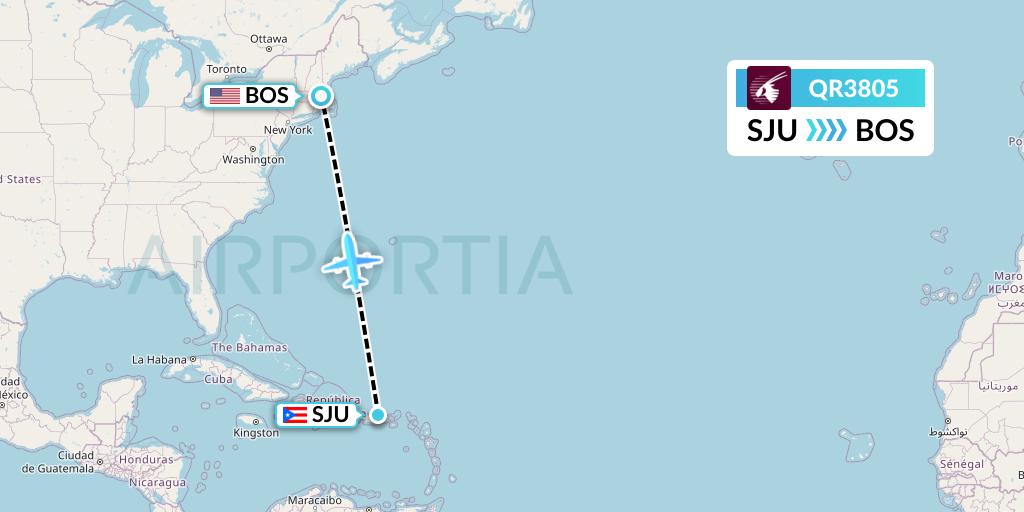 QR3805 Qatar Airways Flight Map: San Juan to Boston