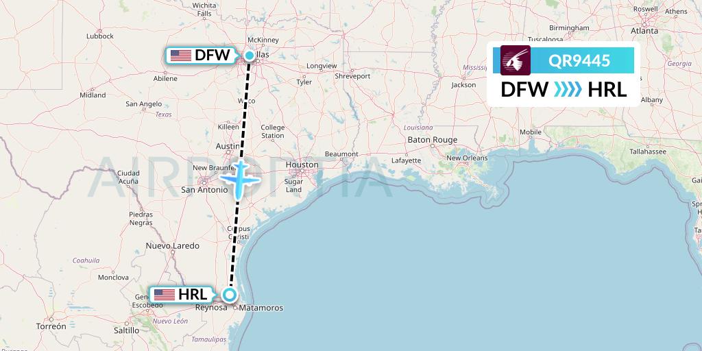 QR9445 Qatar Airways Flight Map: Dallas to Harlingen
