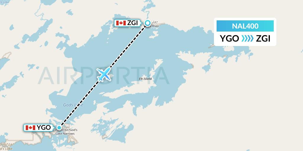 NAL400 Northway Aviation Ltd Flight Map: Gods Lake Narrows to Gods River
