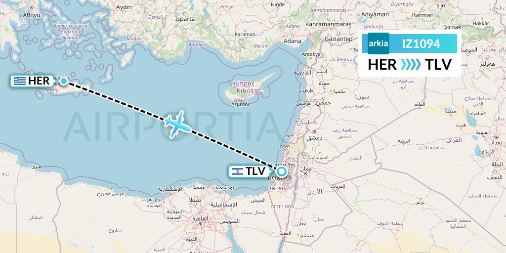 IZ1094 Arkia Israeli Airlines Flight Map: Heraklion to Tel Aviv