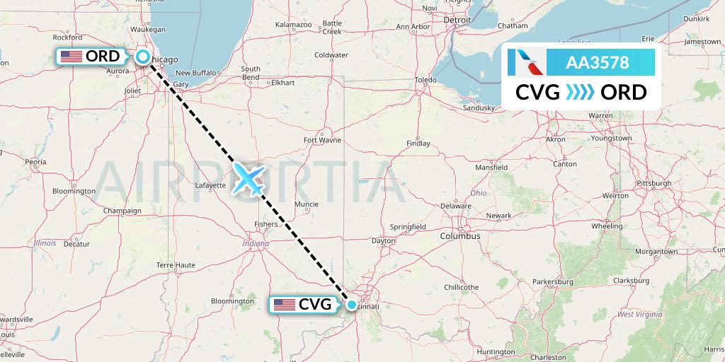 AA3578 American Airlines Flight Map: Cincinnati to Chicago
