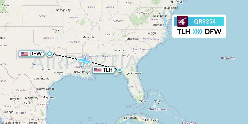 QR9254 Qatar Airways Flight Map: Tallahassee to Dallas