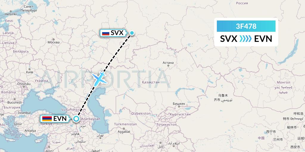 3F478 Flyone Armenia Flight Map: Yekaterinburg to Yerevan