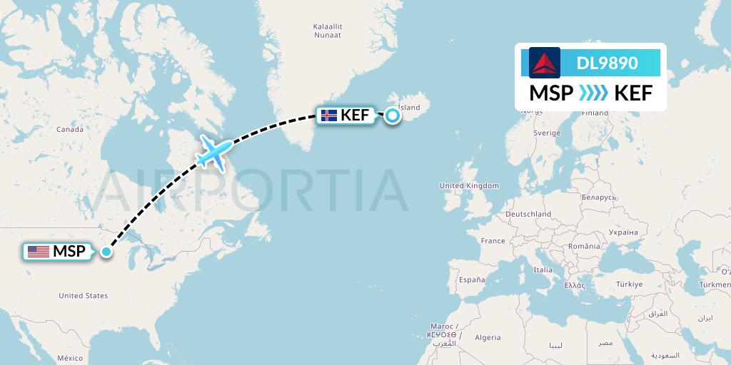 DL9890 Delta Air Lines Flight Map: Minneapolis to Reykjavik