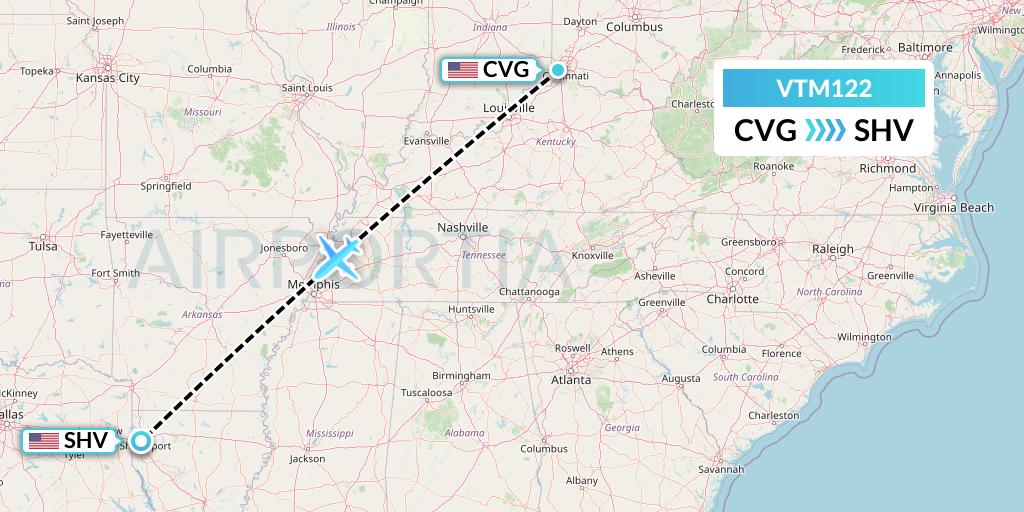 VTM122 Aeronaves TSM Flight Map: Cincinnati to Shreveport