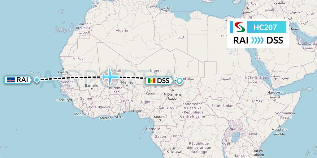HC207 Air Senegal Flight Map: Praia to Dakar