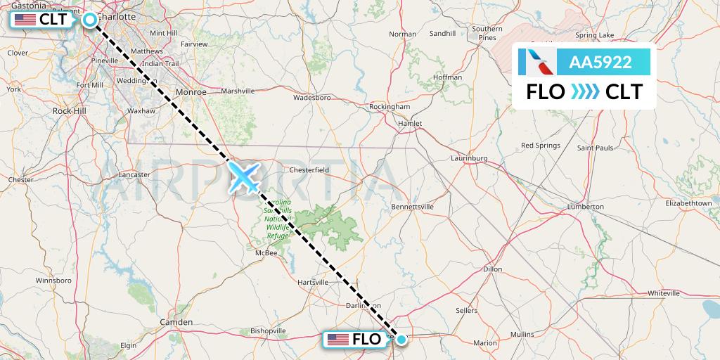 AA5922 American Airlines Flight Map: Florence to Charlotte