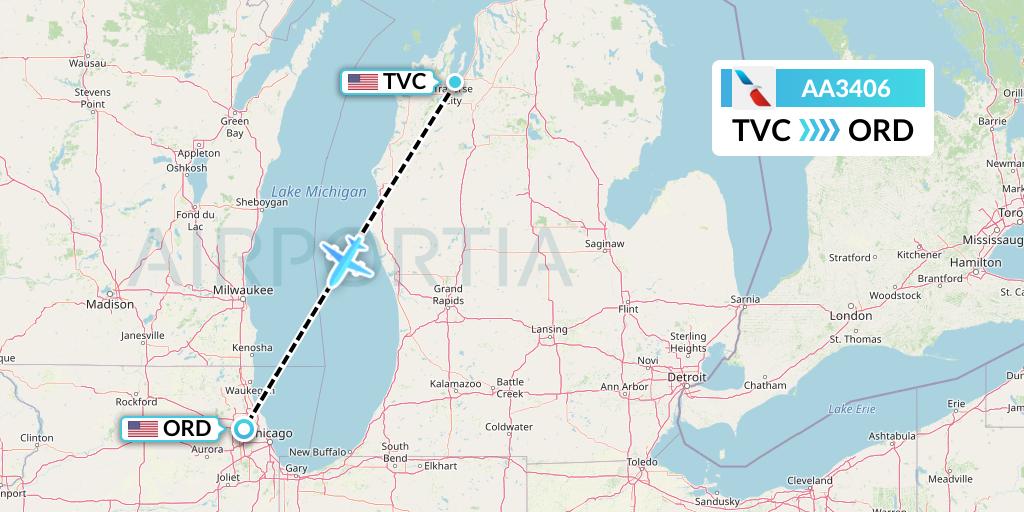 AA3406 American Airlines Flight Map: Traverse City to Chicago