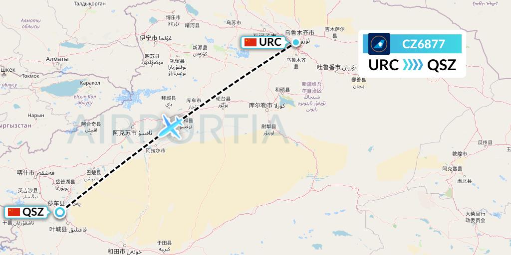 CZ6877 China Southern Airlines Flight Map: Urumqi to Hotan