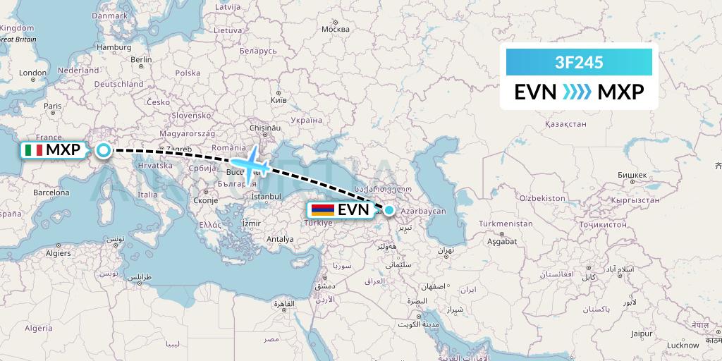 3F245 Flyone Armenia Flight Map: Yerevan to Milan