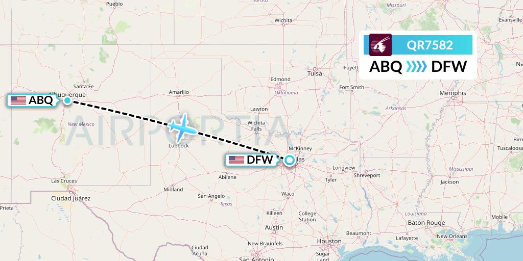 QR7582 Qatar Airways Flight Map: Albuquerque to Dallas