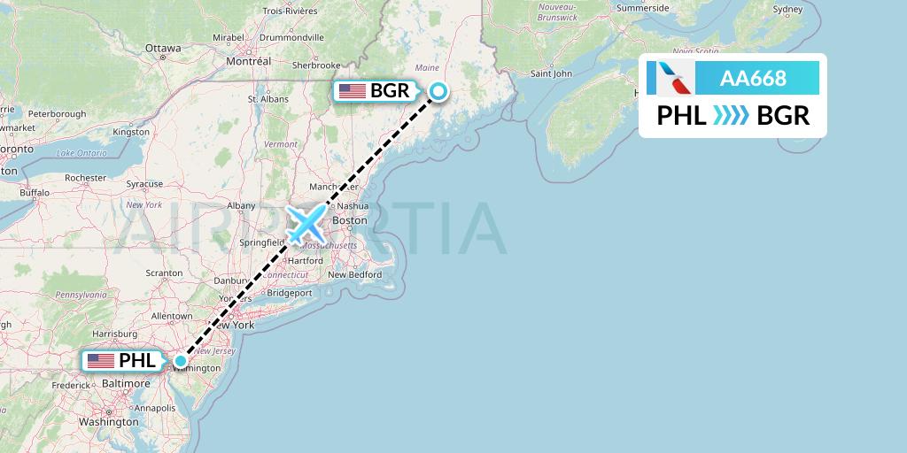 AA668 American Airlines Flight Map: Philadelphia to Bangor