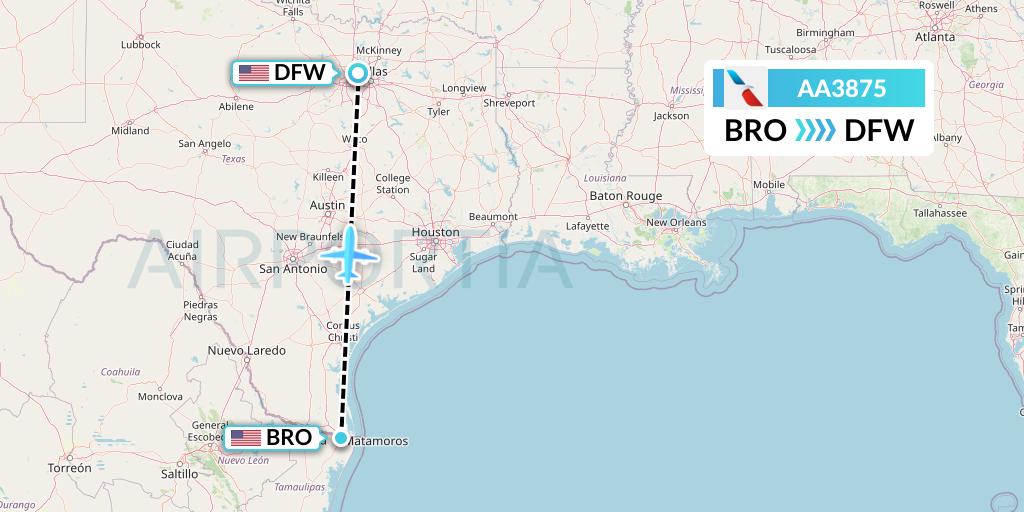 AA3875 American Airlines Flight Map: Brownsville to Dallas