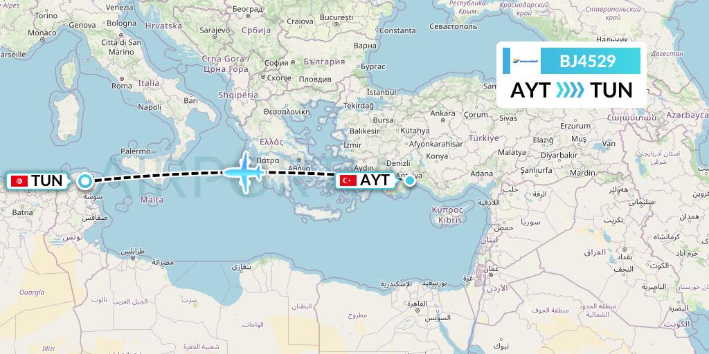 BJ4529 Nouvelair Tunisie Flight Map: Antalya to Tunis