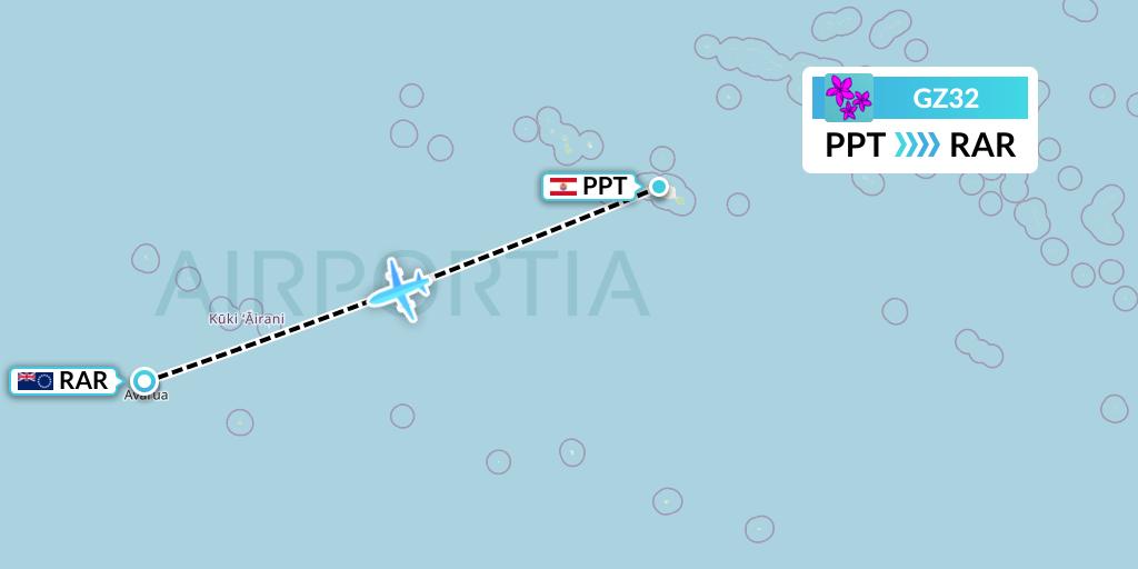 GZ32 Air Rarotonga Flight Map: Papeete to Avarua
