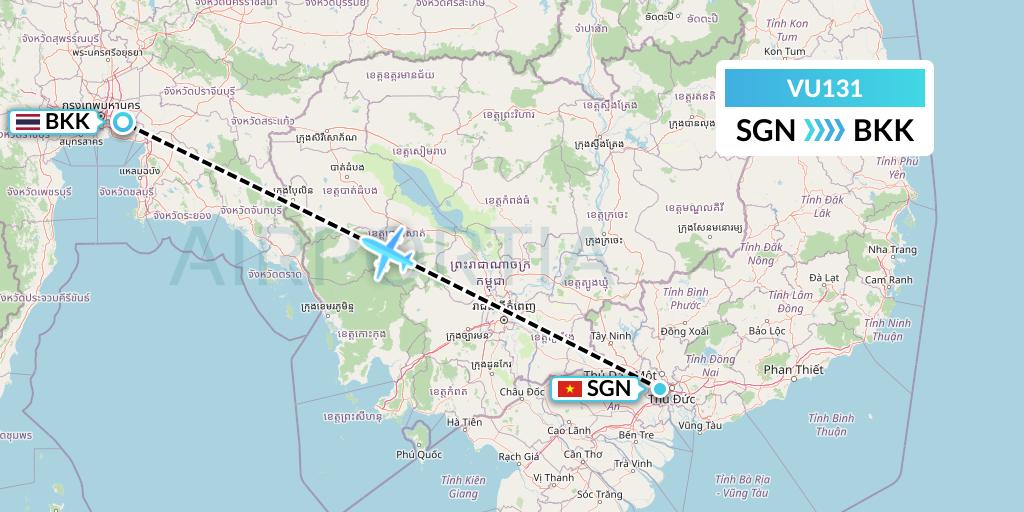 VU131 Vietravel Airlines Flight Map: Ho Chi Minh City to Bangkok