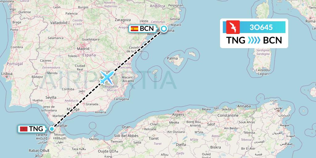 3O645 Air Arabia Maroc Flight Map: Tangier to Barcelona