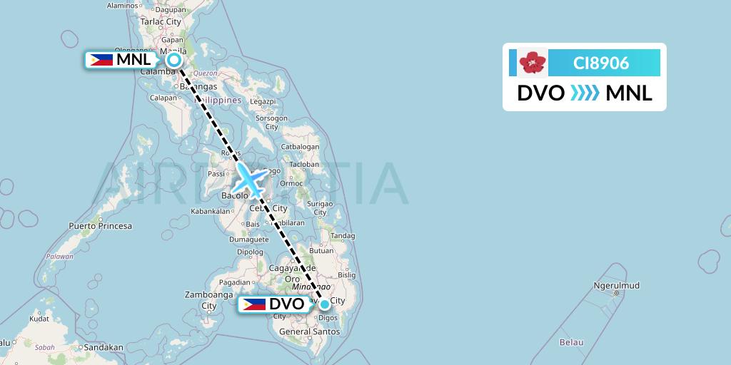 CI8906 China Airlines Flight Map: Davao City to Manila