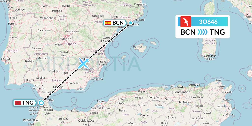 3O646 Air Arabia Maroc Flight Map: Barcelona to Tangier