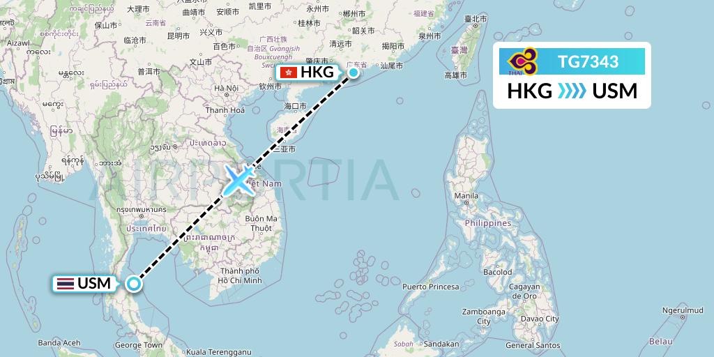TG7343 Thai Airways Flight Map: Hong Kong to Koh Samui