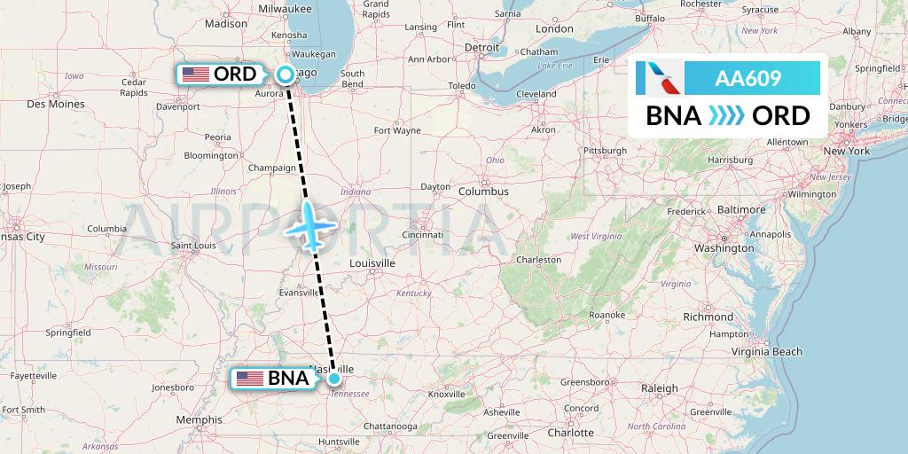 AA609 American Airlines Flight Map: Nashville to Chicago