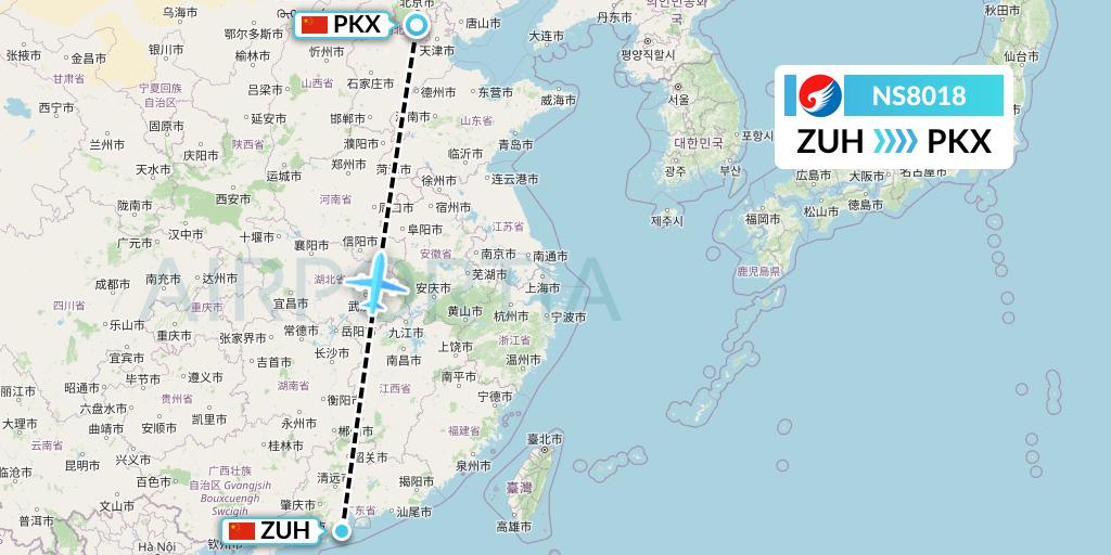 NS8018 Hebei Airlines Flight Map: Zhuhai to Beijing