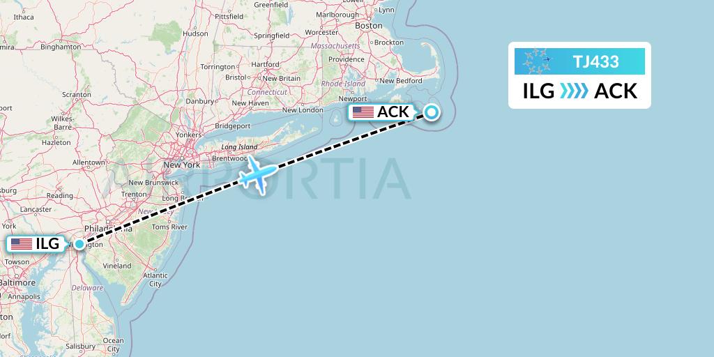 TJ433 Tradewind Aviation Flight Map: Wilmington to Nantucket