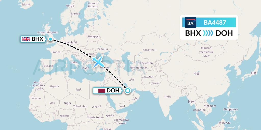 BA4487 British Airways Flight Map: Birmingham to Doha