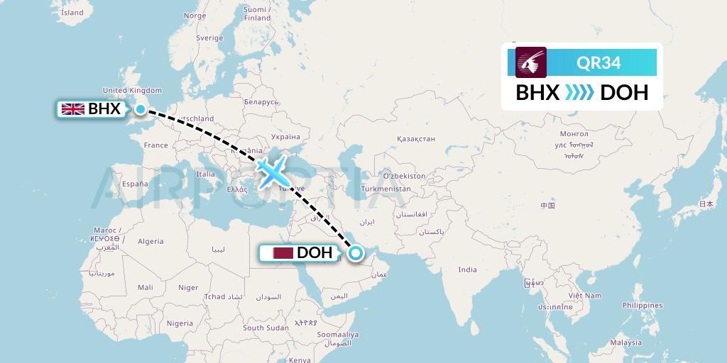 QR34 Qatar Airways Flight Map: Birmingham to Doha