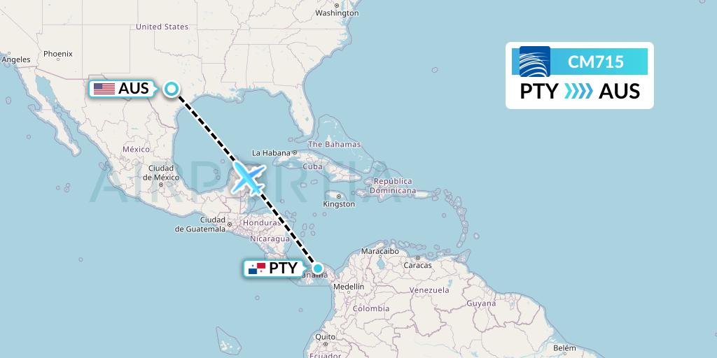 CM715 Copa Airlines Flight Map: Panama City to Austin
