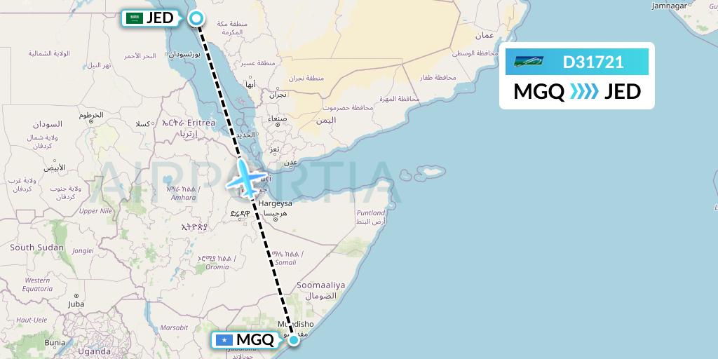 D31721 Daallo Airlines Flight Map: Mogadishu to Jeddah
