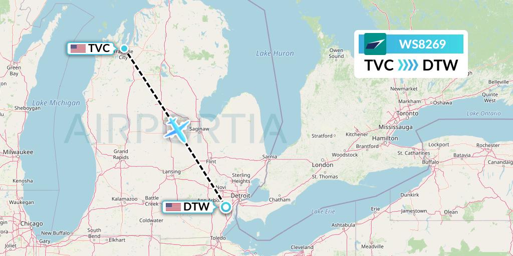 WS8269 WestJet Flight Map: Traverse City to Detroit