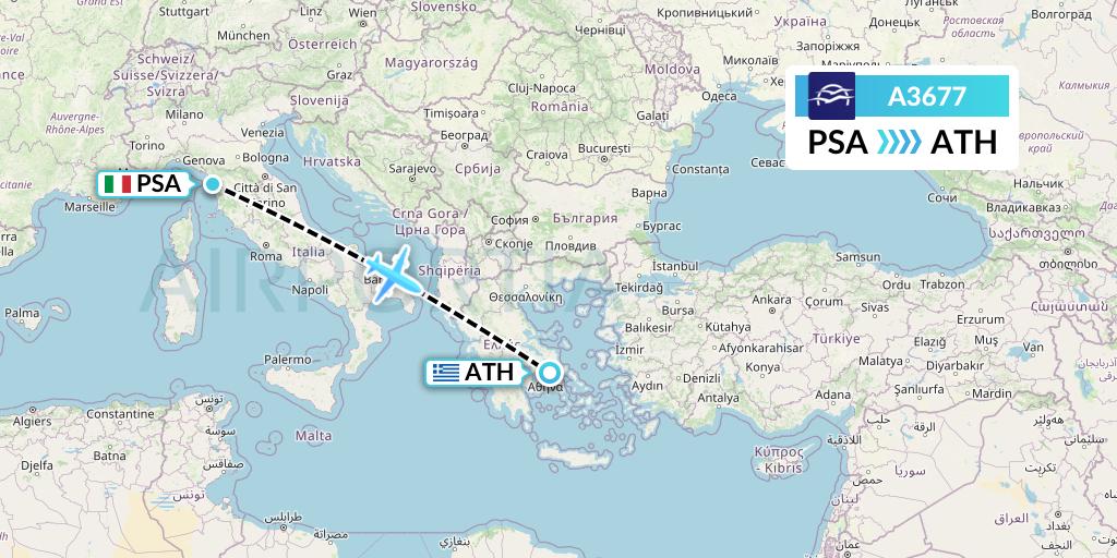A3677 Aegean Airlines Flight Map: Pisa to Athens