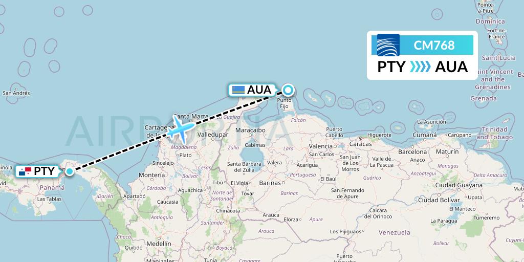 CM768 Copa Airlines Flight Map: Panama City to Oranjestad