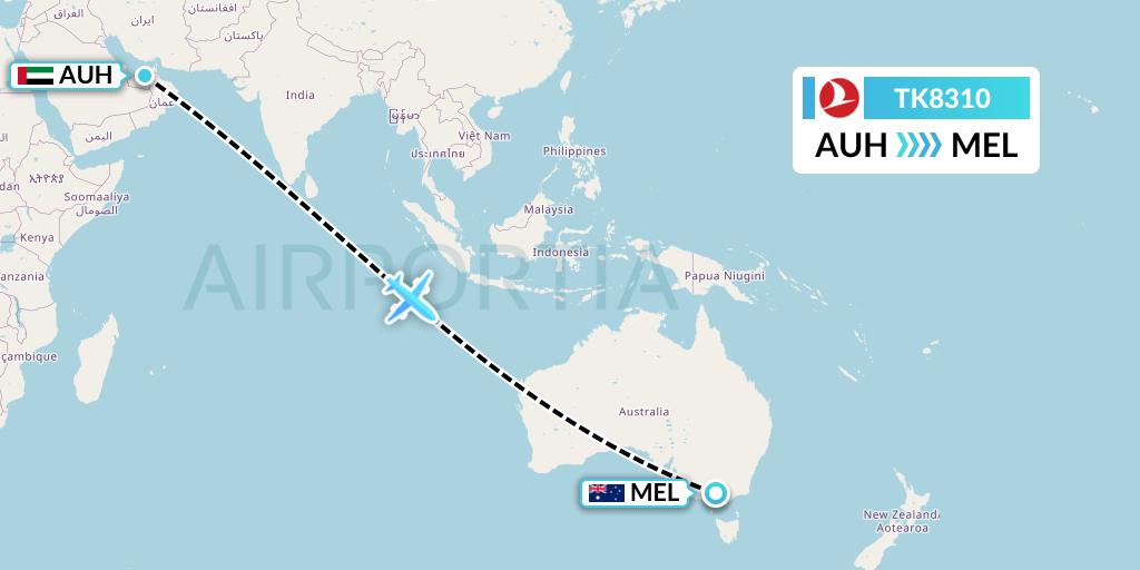 TK8310 Turkish Airlines Flight Map: Abu Dhabi to Melbourne