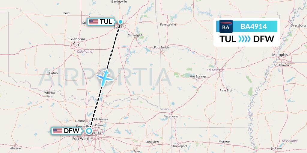 BA4914 British Airways Flight Map: Tulsa to Dallas