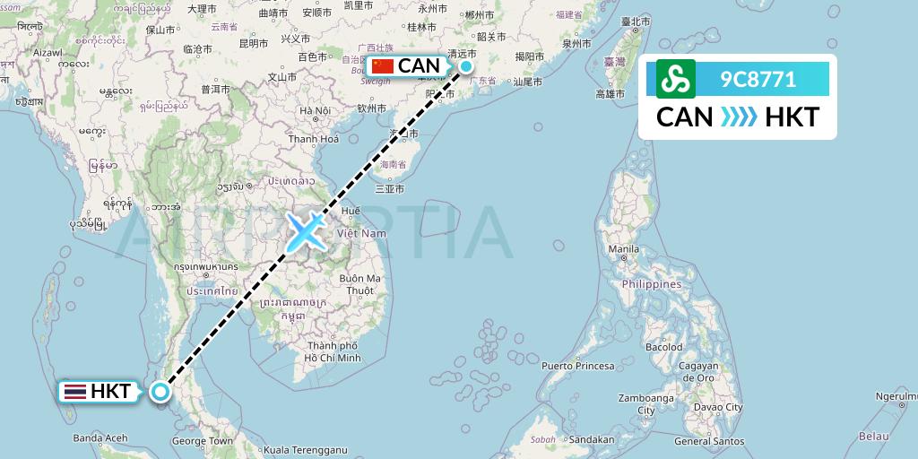 9C8771 Spring Airlines Flight Map: Guangzhou to Phuket