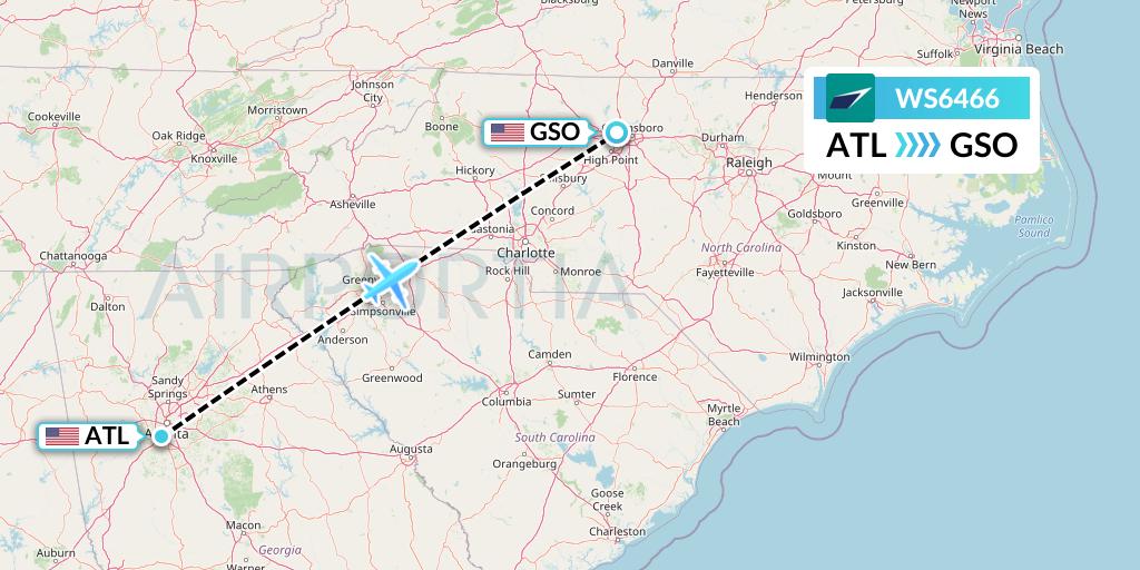 WS6466 WestJet Flight Map: Atlanta to Greensboro