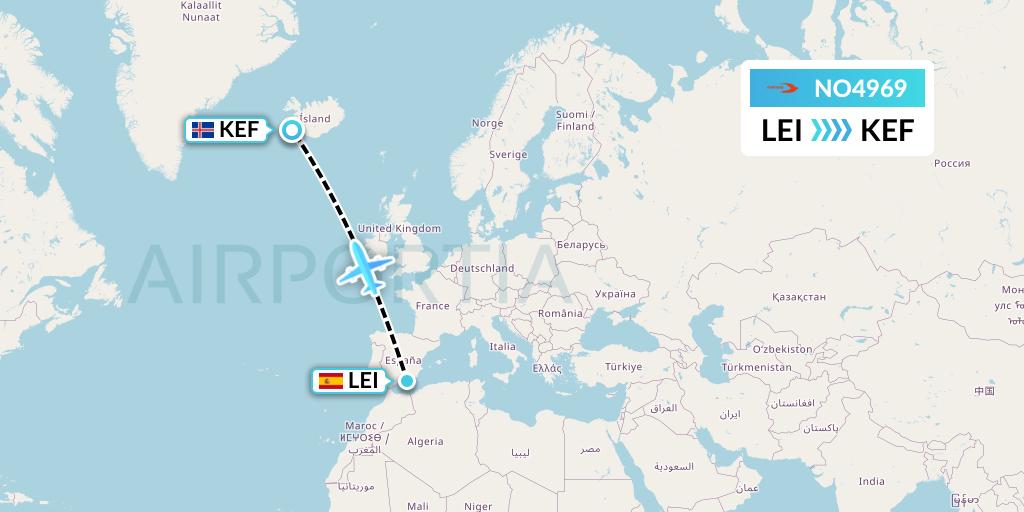 NO4969 Neos Flight Map: Almeria to Reykjavik