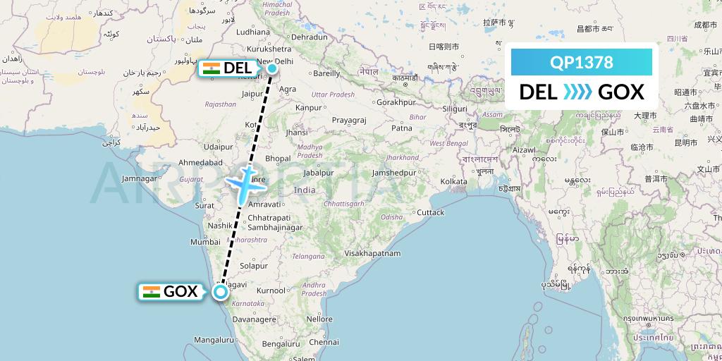 QP1378 Akasa Air Flight Map: Delhi to Goa