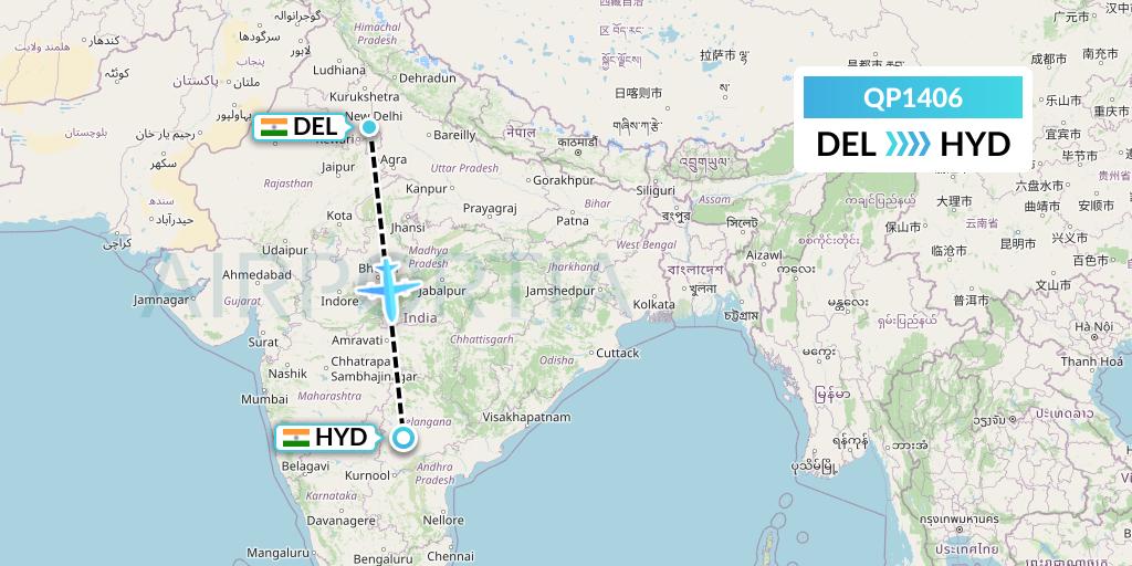 QP1406 Akasa Air Flight Map: Delhi to Hyderabad